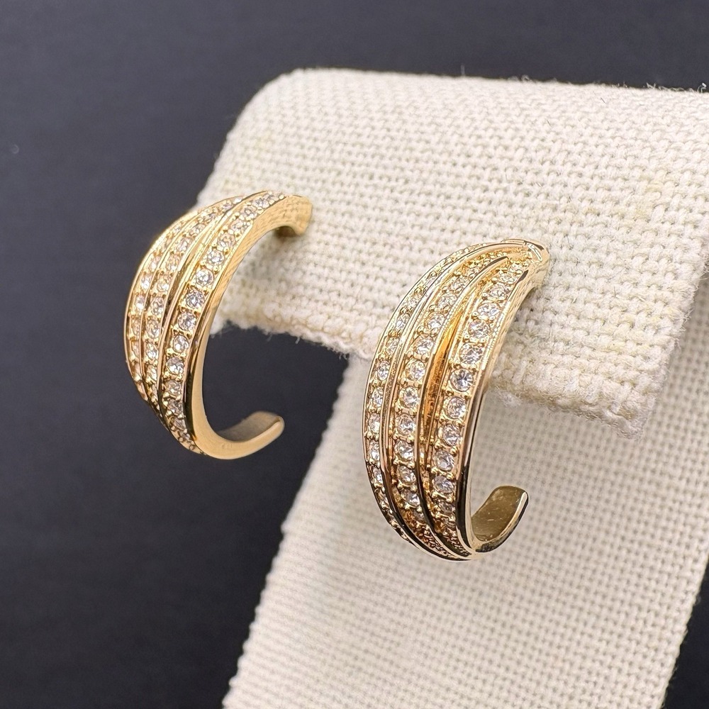 Vintage Swarovski Pavé Crystal Half Hoop Earrings Pierced Gold Tone Swan Signed